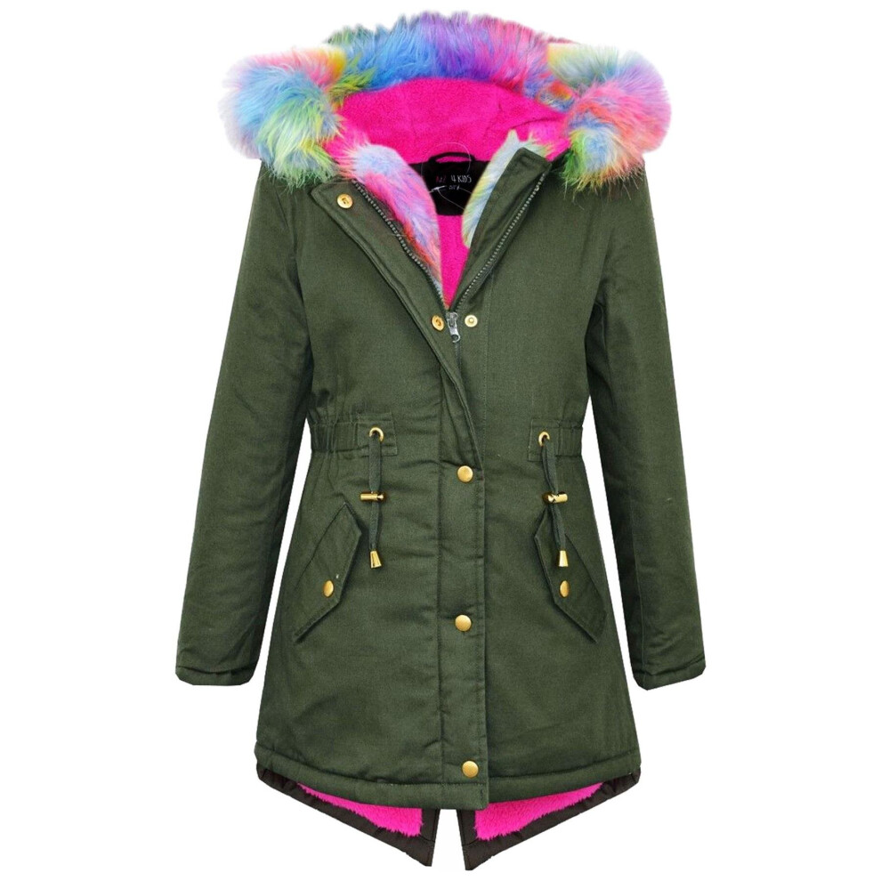 (7-8 Years, Khaki) Girls Hooded Jacket Leopard Fur Parka School Coat