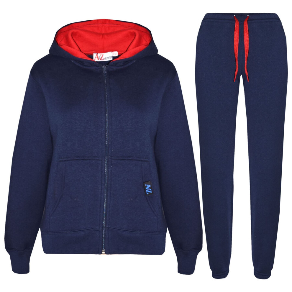 (9-10 Years, Navy & Red) Unisex Plain Tracksuit Contrast Hoodie Joggers