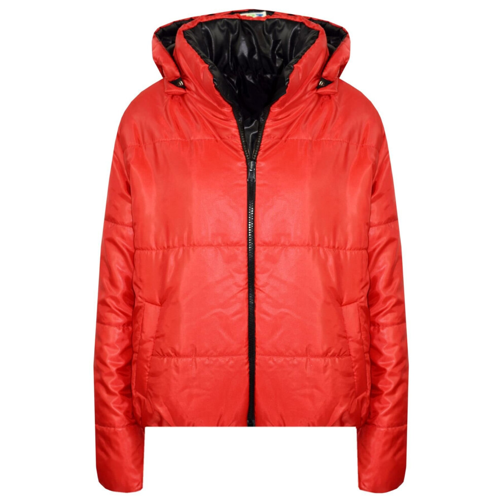 (9-10 Years, Red) Girls Reversible Hooded Padded Puffer Jacket Coat