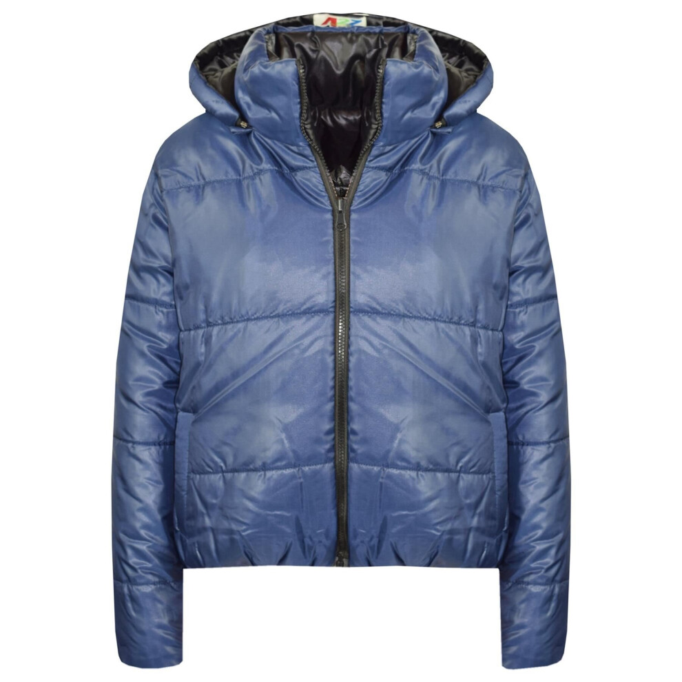 (7-8 Years, Navy Blue) Girls Reversible Hooded Padded Puffer Jacket Coat