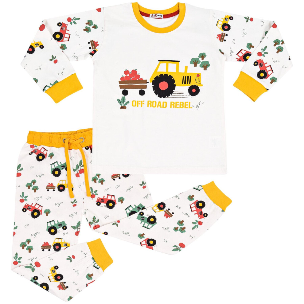 (3-4 Years, White) Girls Boys White Tractor Contrast Pyjamas Set