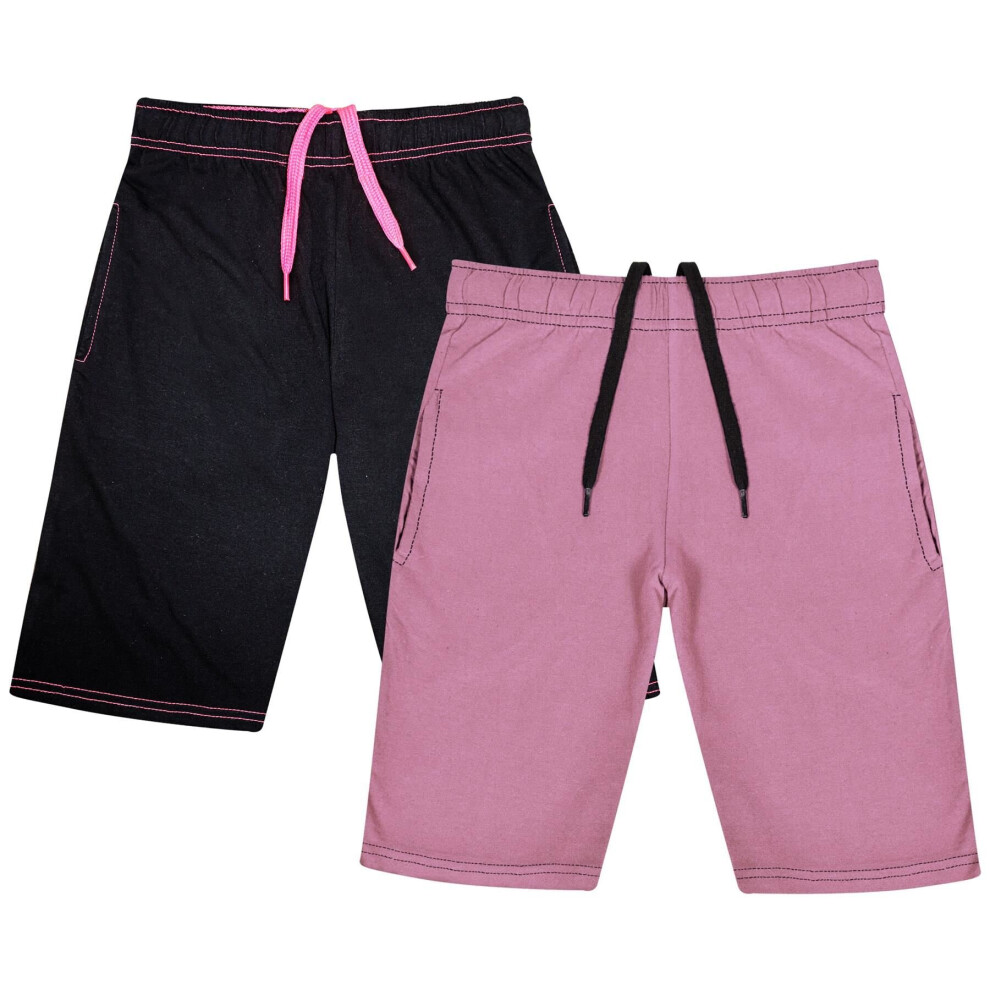 (11-12 Years, Black/Baby Pink 2 Pack) Girls Casual Summer Chino Shorts Knee Length