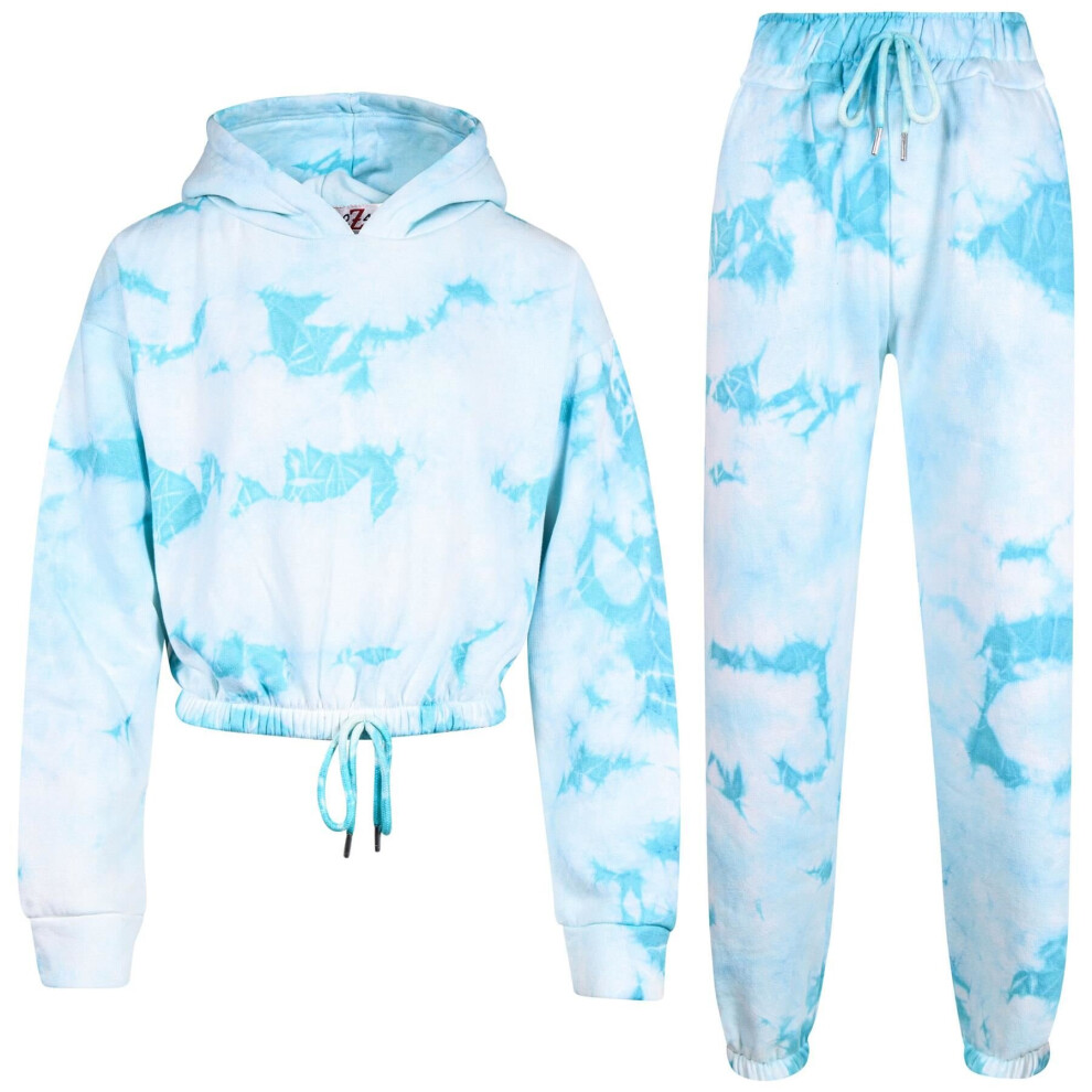 (9-10 Years, Blue) Girls Tie Dye Blue Gym Cropped Hoodie Tracksuit