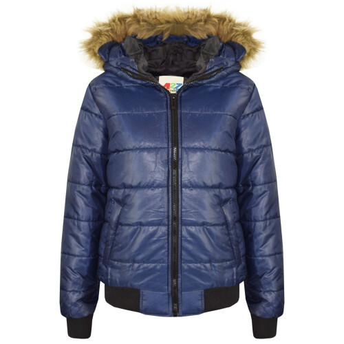 (13 Years, Navy Blue) Boys Girls Maya Faux Fur Hooded Puffer Bubble Coat
