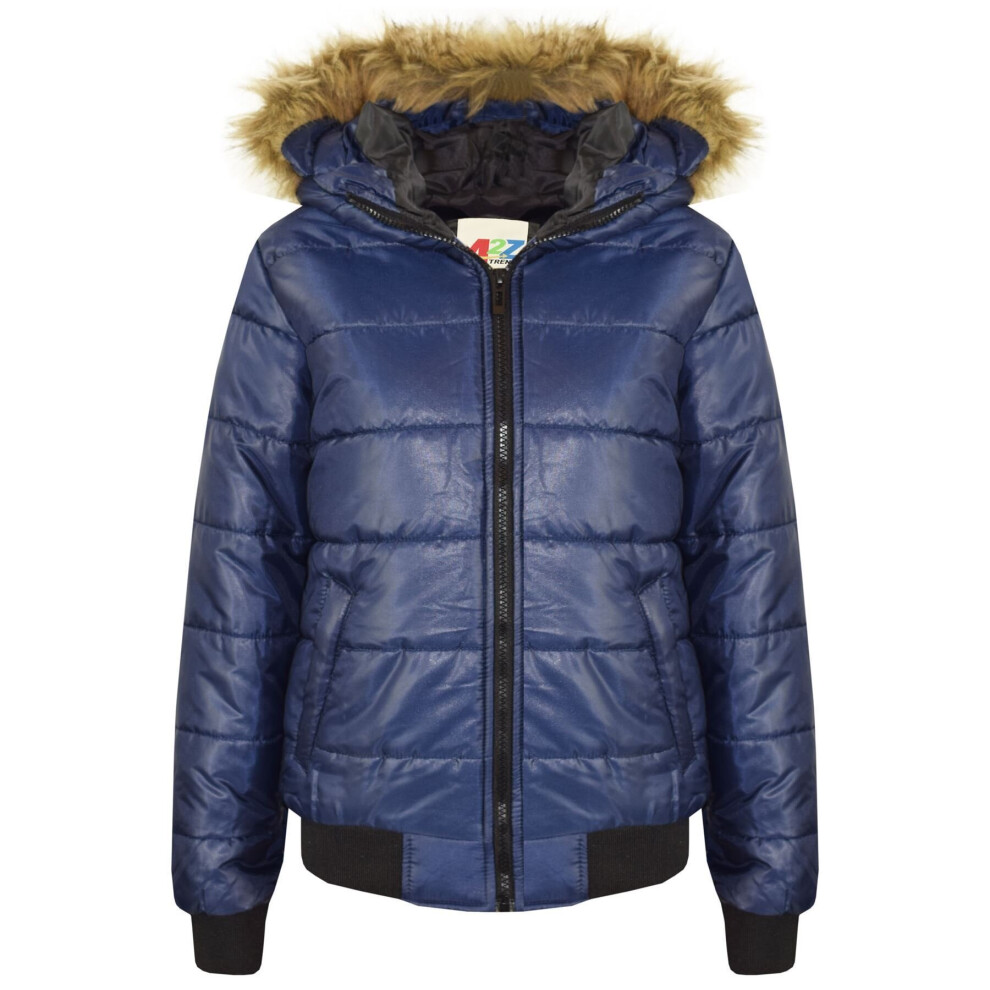 (13 Years, Navy Blue) Boys Girls Maya Faux Fur Hooded Puffer Bubble Coat