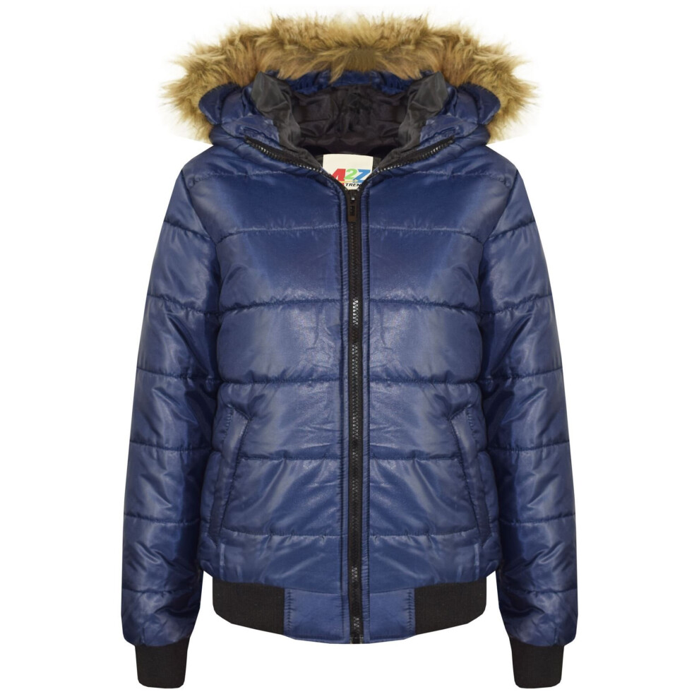 (13 Years, Navy Blue) Boys Girls Maya Faux Fur Hooded Puffer Bubble Coat