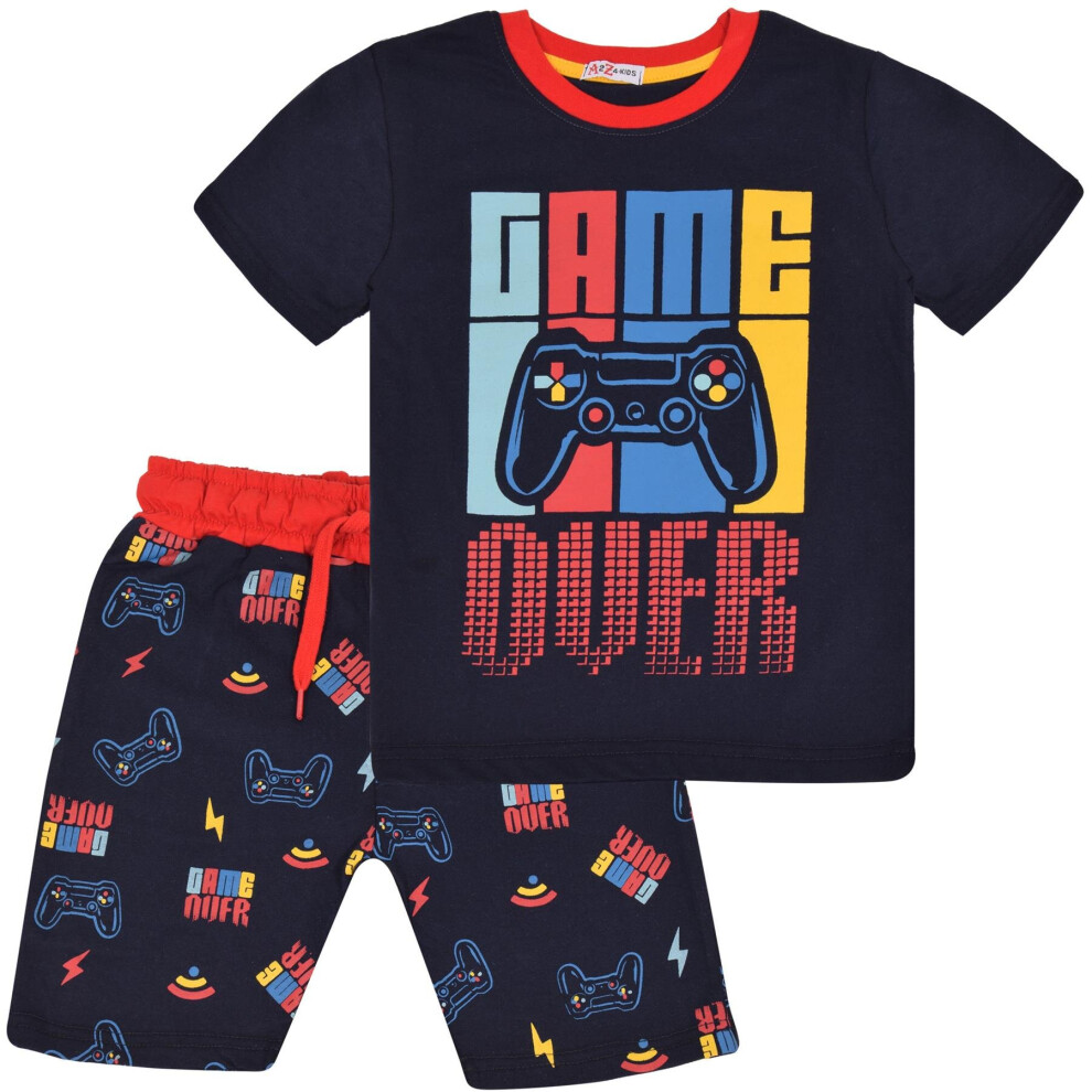 (11-12 Years, Navy Blue) Girls Boys Pyjamas Game Over Contrast Top Shorts