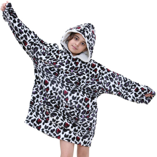 Girls Oversized Hoodie White Leopard Snuggle