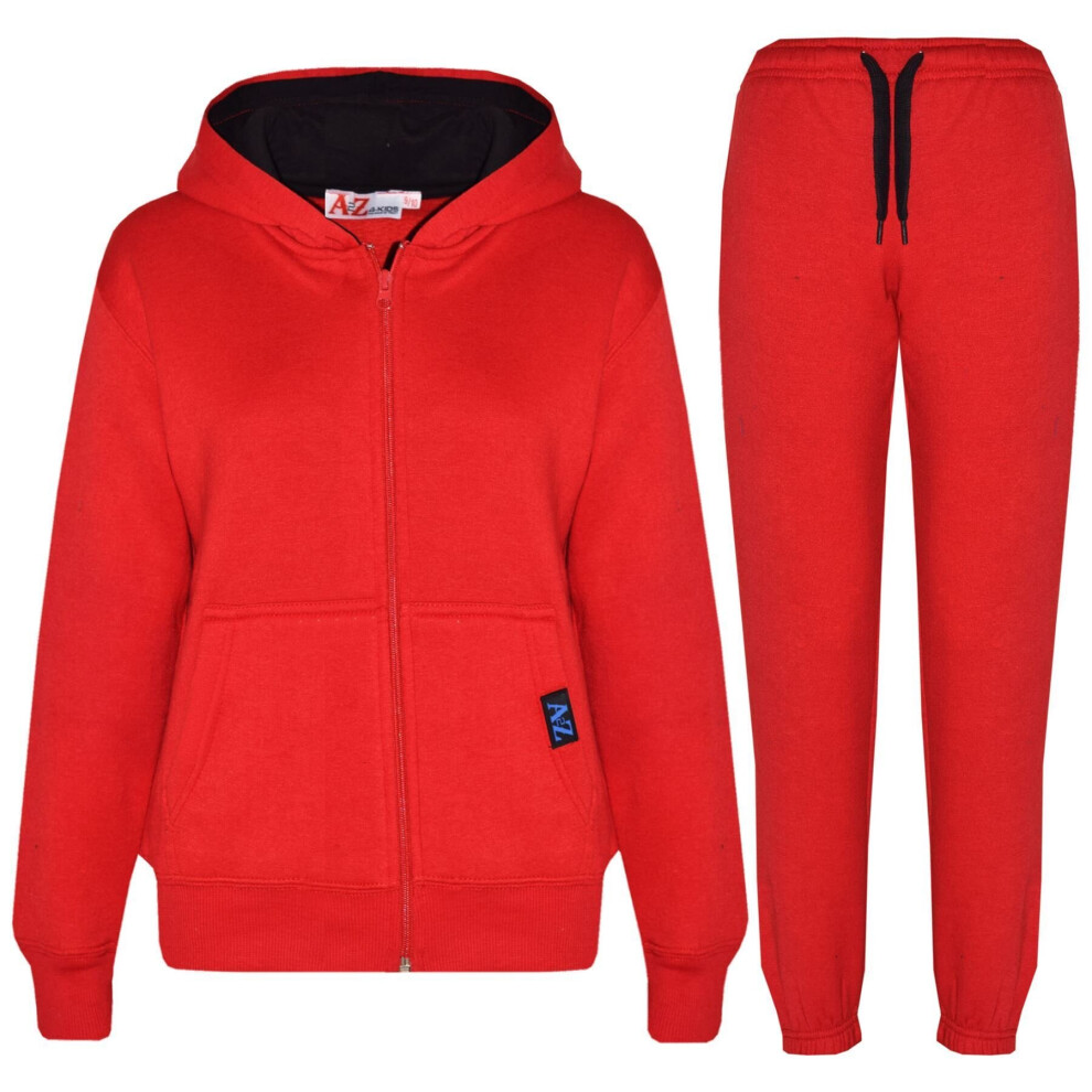 (9-10 Years, Red & Black) Unisex Plain Tracksuit Contrast Hoodie Joggers