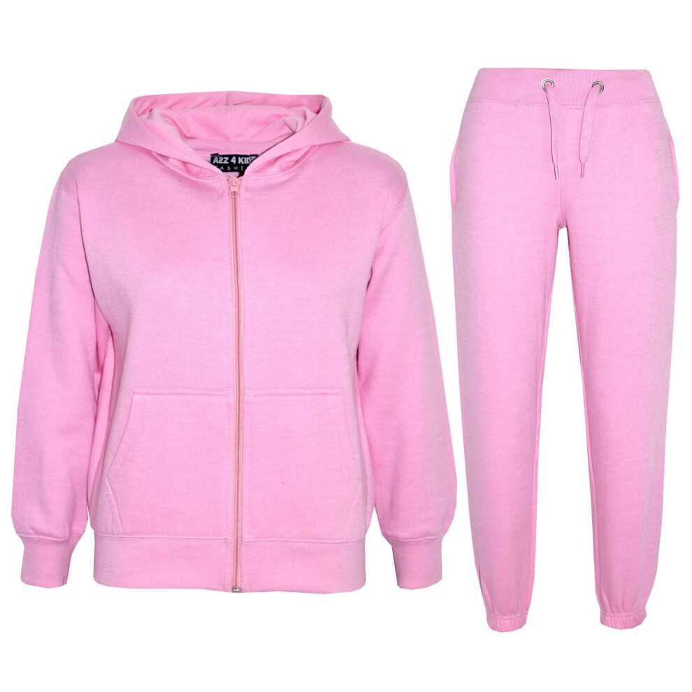 (7-8 Years, Baby Pink) Unisex Plain Hoodie with Joggers Jogging Sweatpant