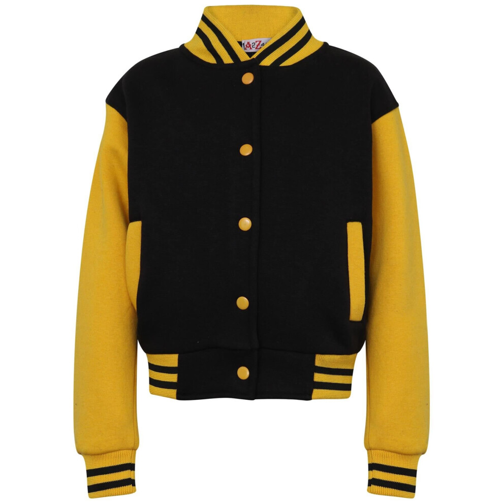 (11-12 Years, Black & Yellow) Unisex Baseball Contrast Jacket Varsity Style Coat