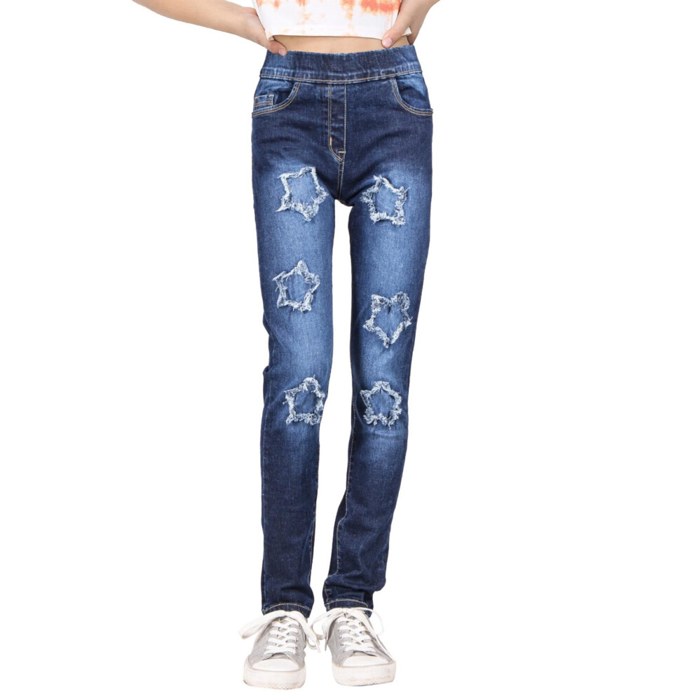 (7-8 Years, Dark Blue) Girls Denim Stars Ripped Comfort Stretchy Jeans