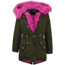(11-12 Years, Cerise Fur) Girls Hooded Jacket Cerise Fur Parka School Jacket