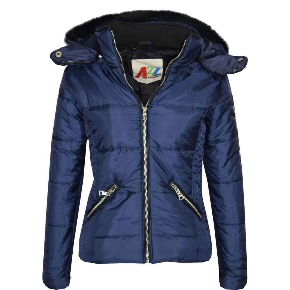 (11-12 Years, Navy Blue) Girls Quilted Navy Blue Puffer Faux Fur Hood Jacket