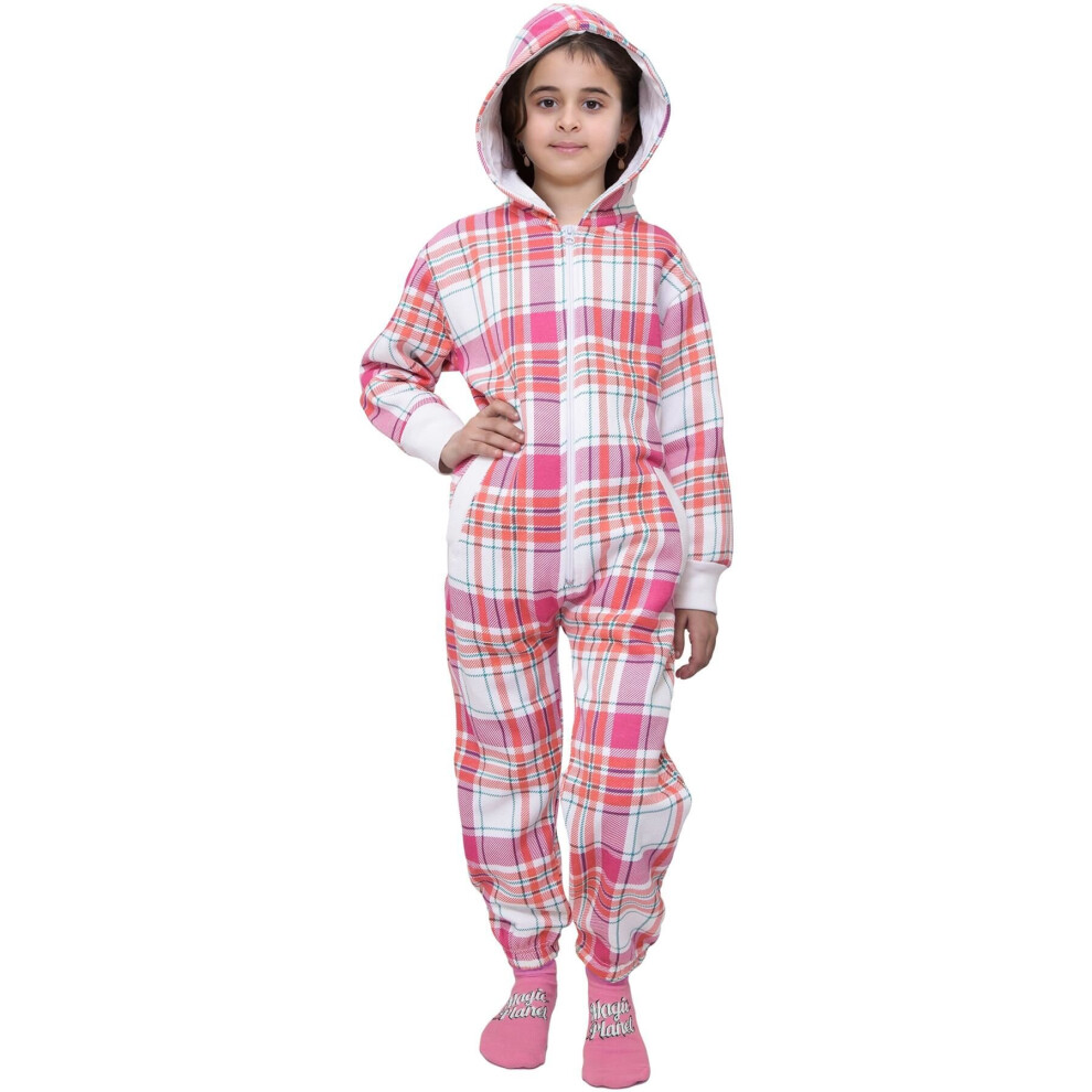 (5-6 Years, Pink) Kids Girls Onesie Pink Check Printed Pyjamas