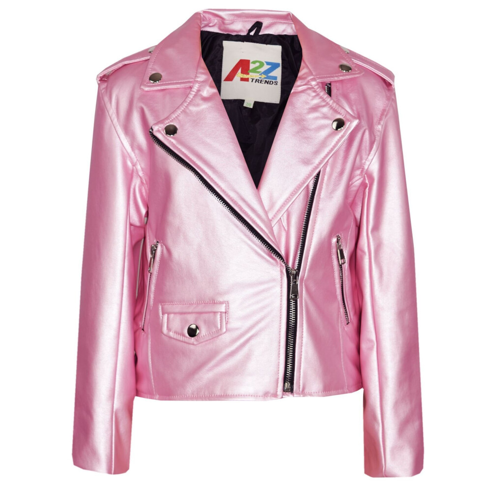(13 Years, Baby Pink) Girls PU Leather Baby Pink Jacket Waterproof Coat