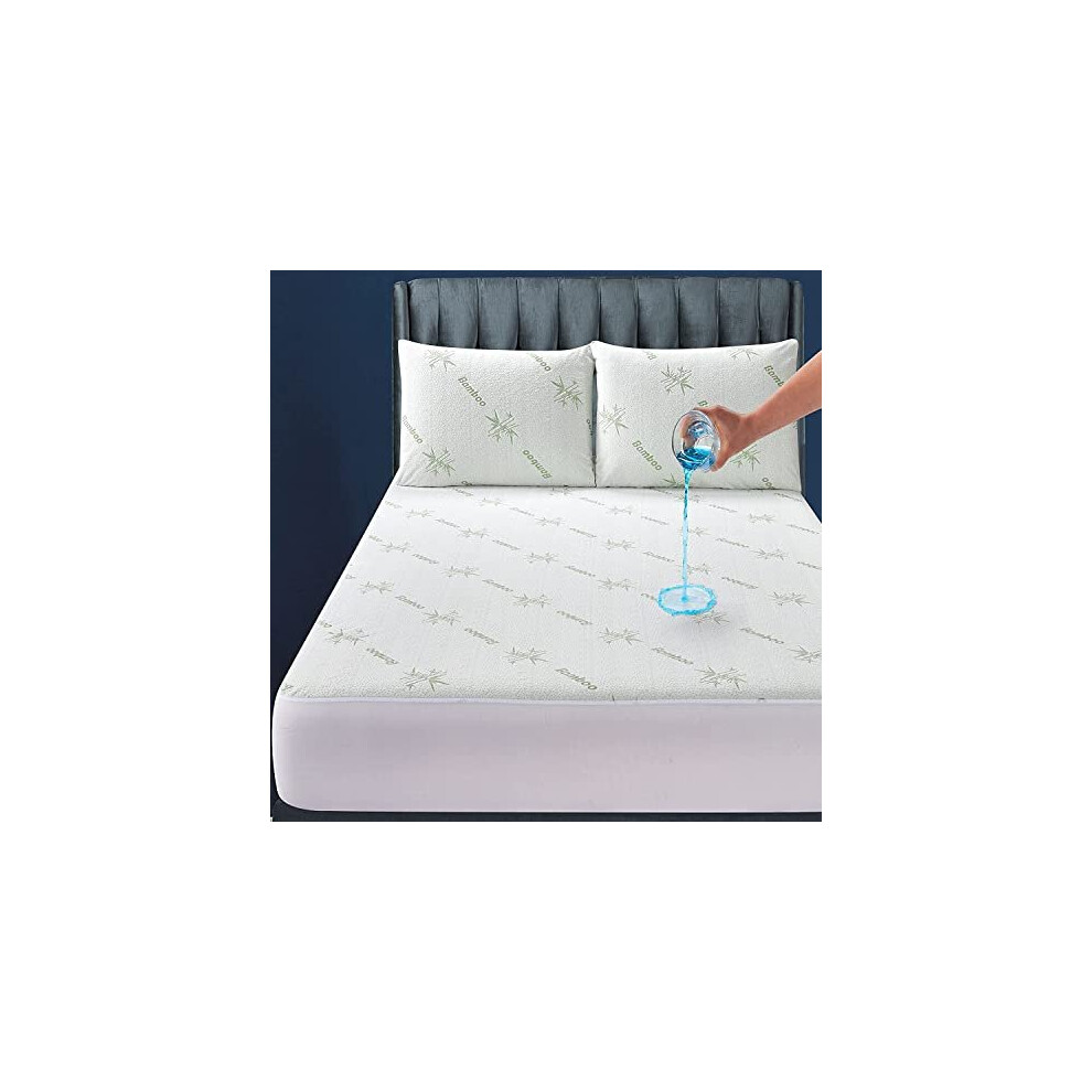 Double Waterproof Anti Allergy Bamboo Mattress Protector 137x190x35 - 40 cm Extra Deep Super Soft Noiseless Breathable Absorbent