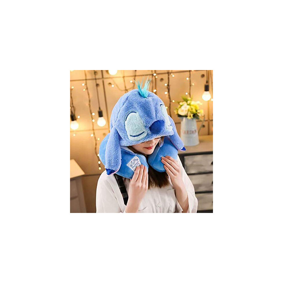 ZSJZSJ U Shaped Neck Pillow with Cute Cartoon Animal 2 in 1 Cap Cozy Travel Cushion Head Stress Relief Airplane Home Car Seat Office Gifts,Stitch