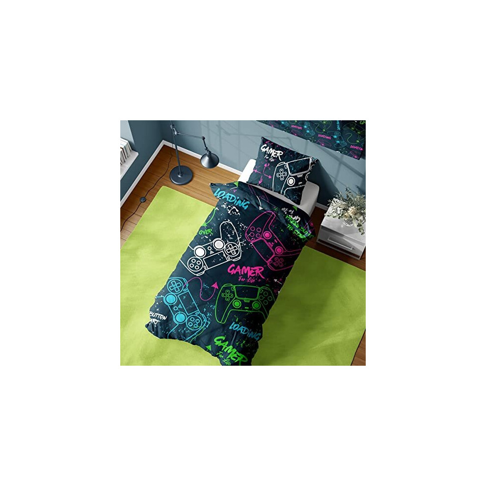 Gamer Single Duvet Cover - Neon Gaming Controllers Design - Reversible Bedding Set - Polycotton Blue