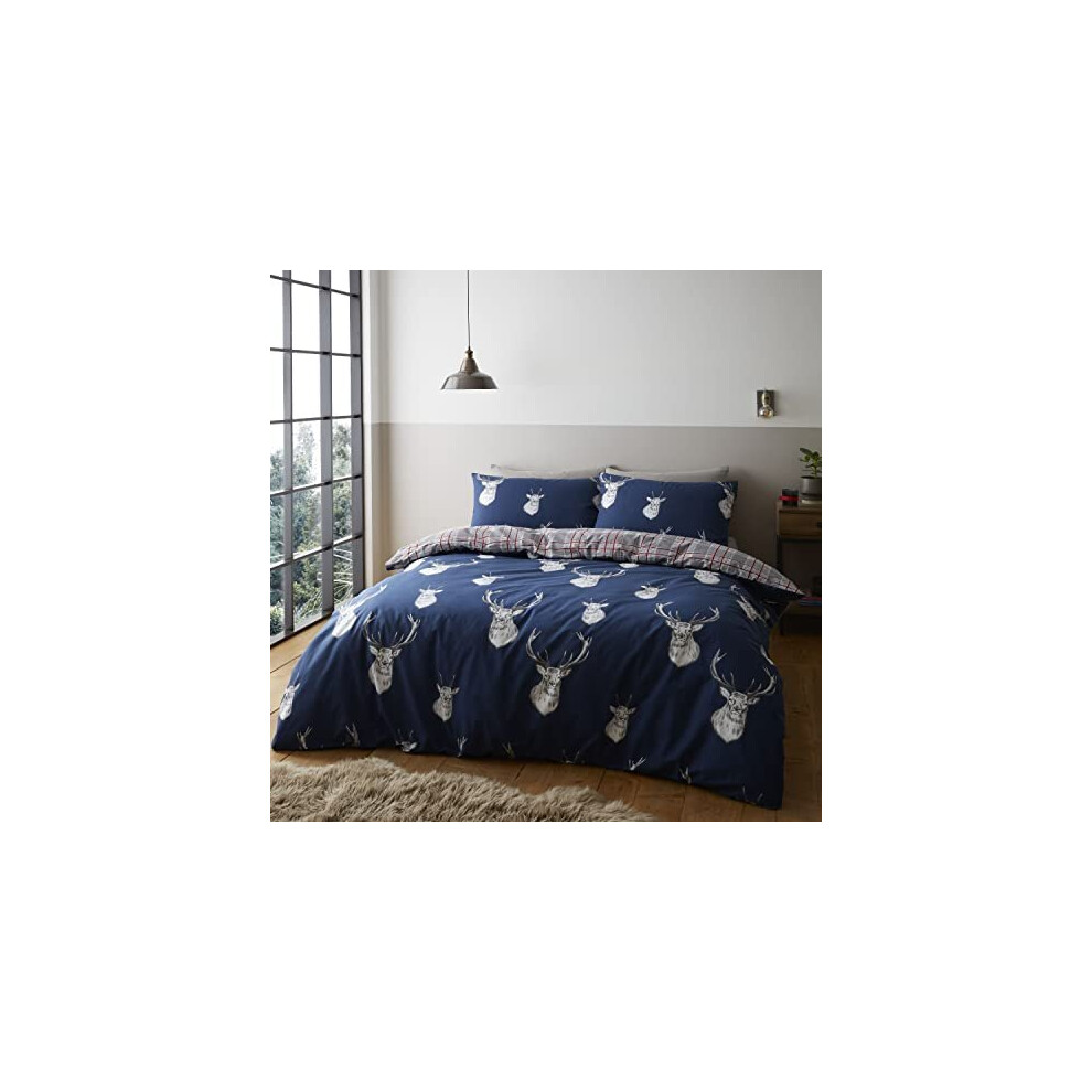 Catherine Lansfield Stag Single Duvet Cover Bedding Bed Set Navy Reversible Check Design