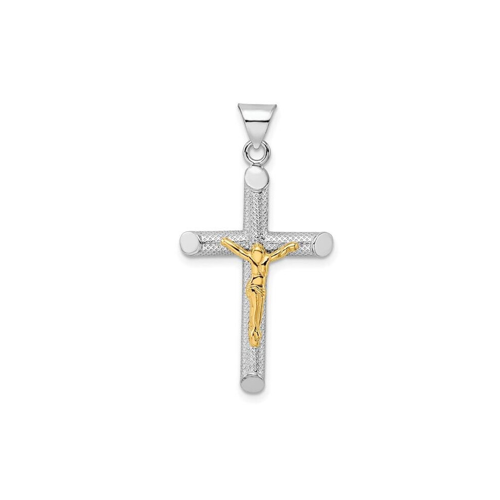 Sterling Silver Gold Plated Rhodium-Plated & Gold-Tone Polished & Textured Crucifix Pendant-image-OPC-PB9RCHH-NEW