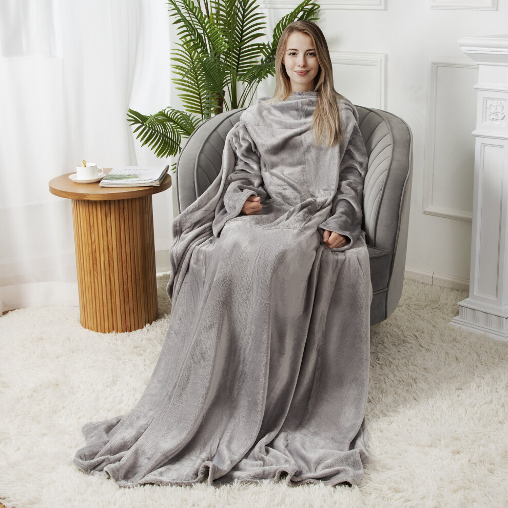 (Grey) Cosy Fleece Wearable Blanket Extra Long And Warm