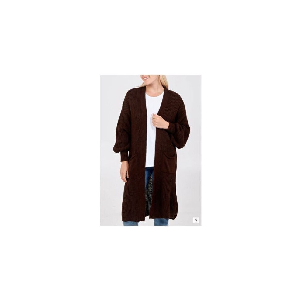 (Brown) Womens Cardigan Chunky Knitted Ladies Oversized Balloon Sleeve Long Maxi Jumpers