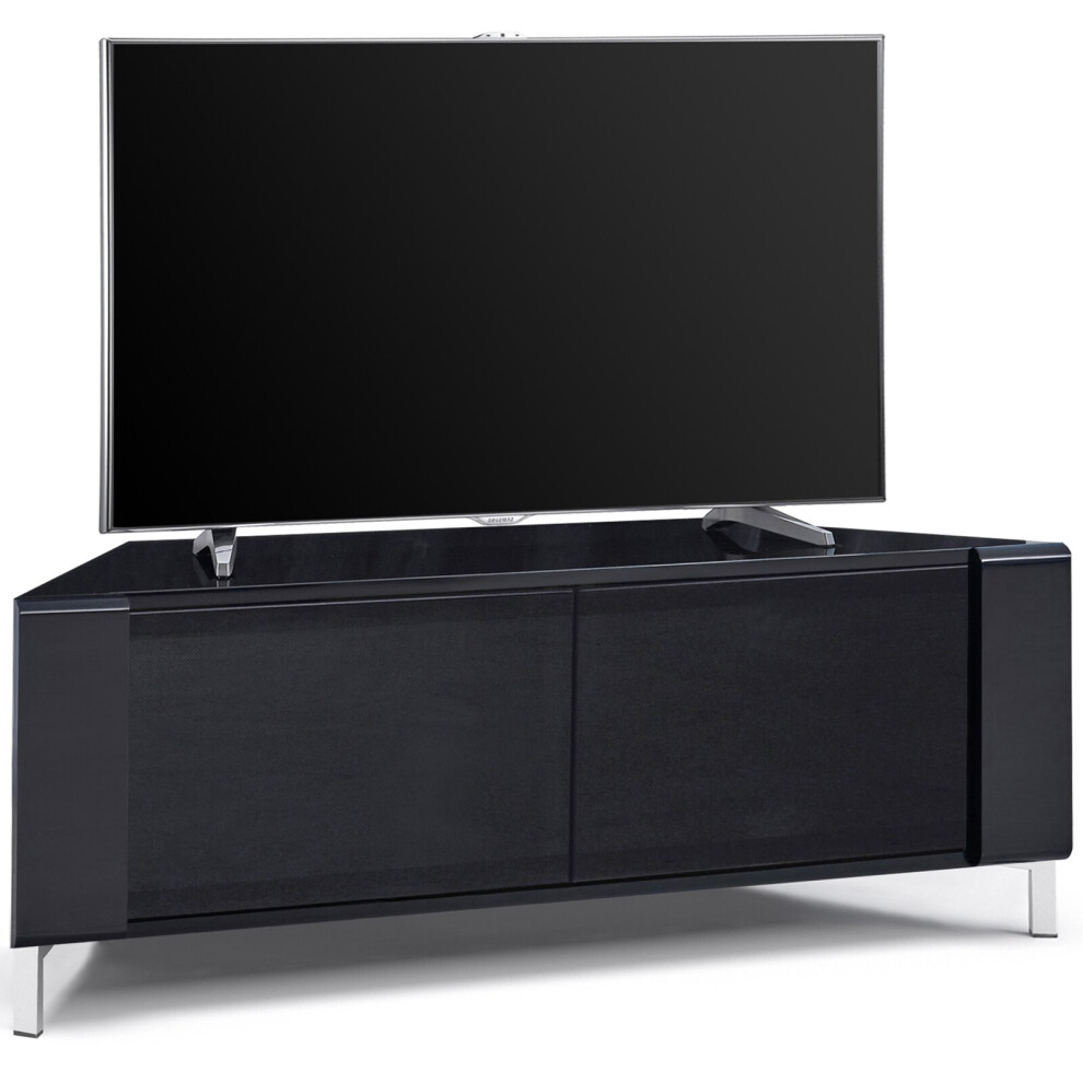 MDA Designs CORVUS Corner-Friendly Black Contemporary Cabinet with Black Profiles Black BeamThru Glass Doors for Flat Screen TVs upto 50Inch