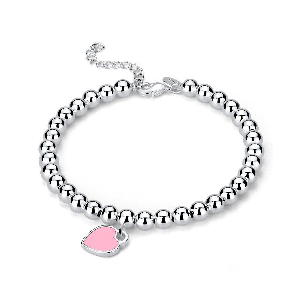 (Pink) Art Deco style 925 Silver Heart Charm Bead Bracelets