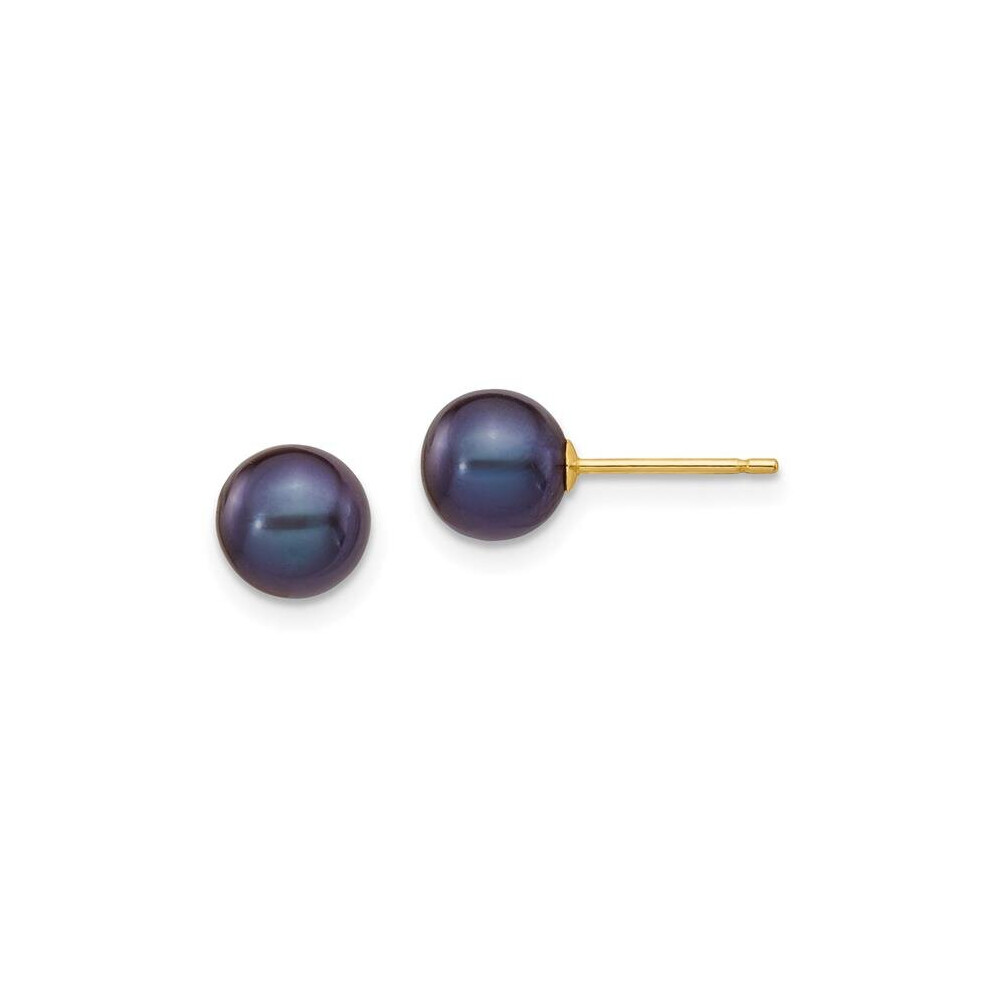 14K Yellow Gold 6-7 mm Black Round Freshwater Cultured Pearl Stud Post Earrings