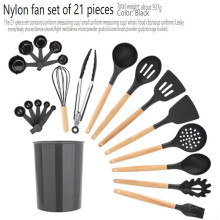 (black) Wooden handle silicone cookware 12 pieces nylon 21