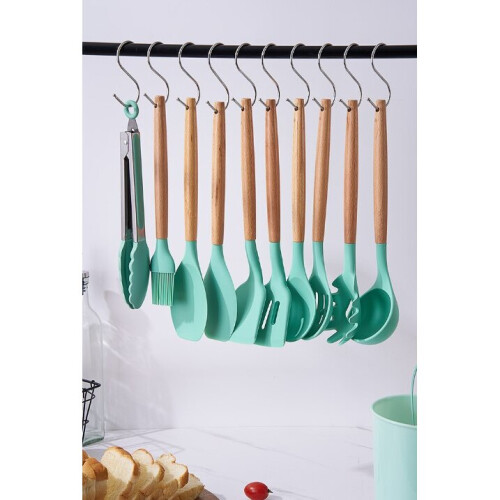 (black) Wooden handle silicone cookware 12 pieces nylon 21 1