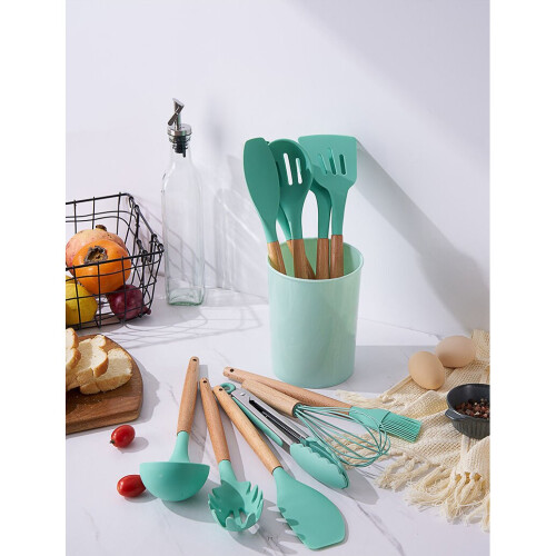 (black) Wooden handle silicone cookware 12 pieces nylon 21 2