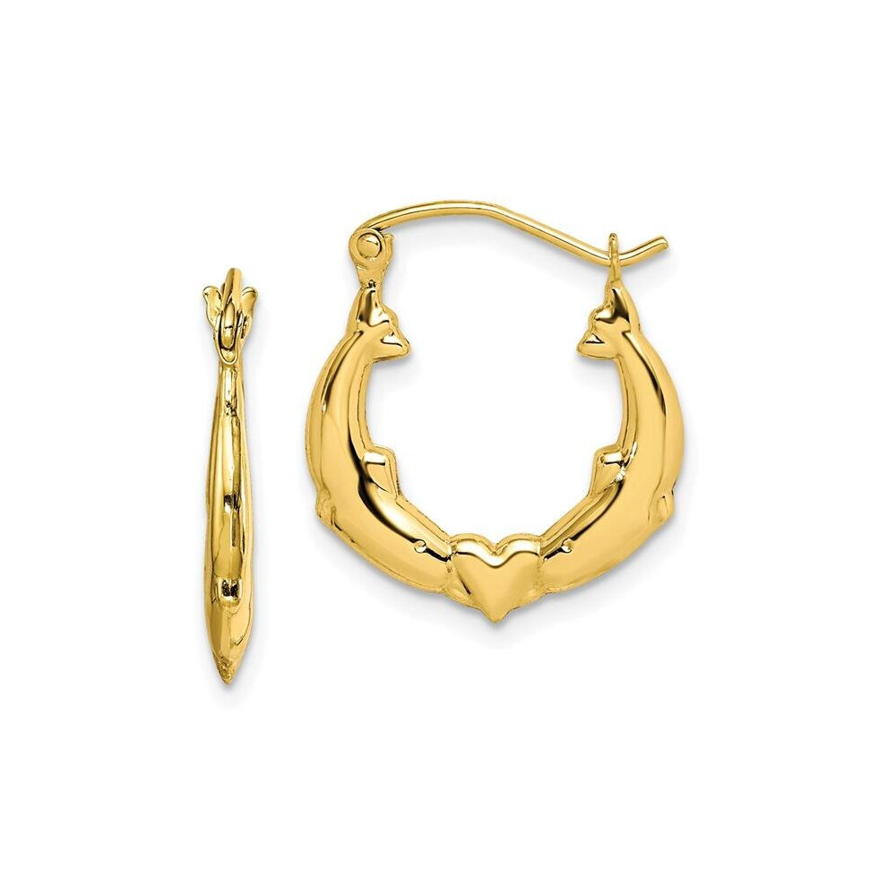 10K Yellow Gold Dolphin Heart Hollow Hoop Earrings