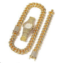 (Gold, 22 inch Chain) 3pcs Hip Hop Necklace Bracelet Watch Set Iced Out Bling Chain Men Jewelry Women Accessories