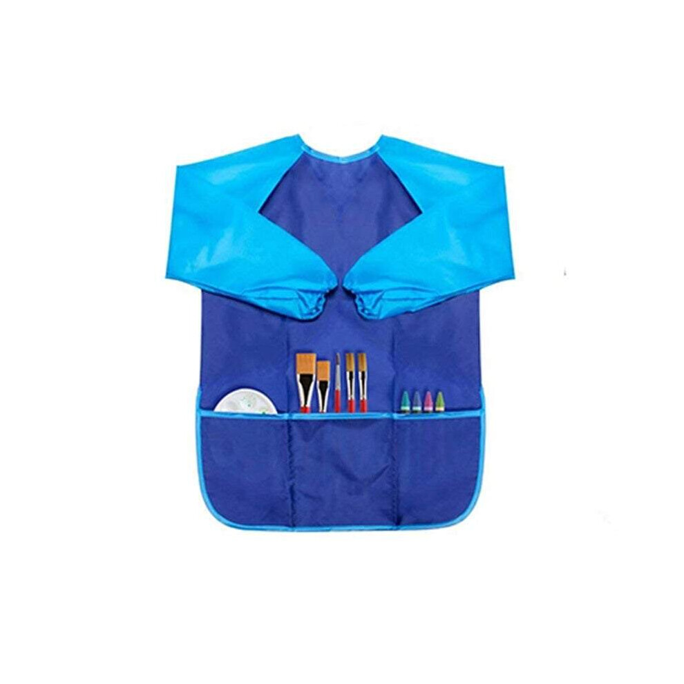 (Blue, M) Long Sleeve Smock Children Waterproof Painting Apron With 3 Pockets