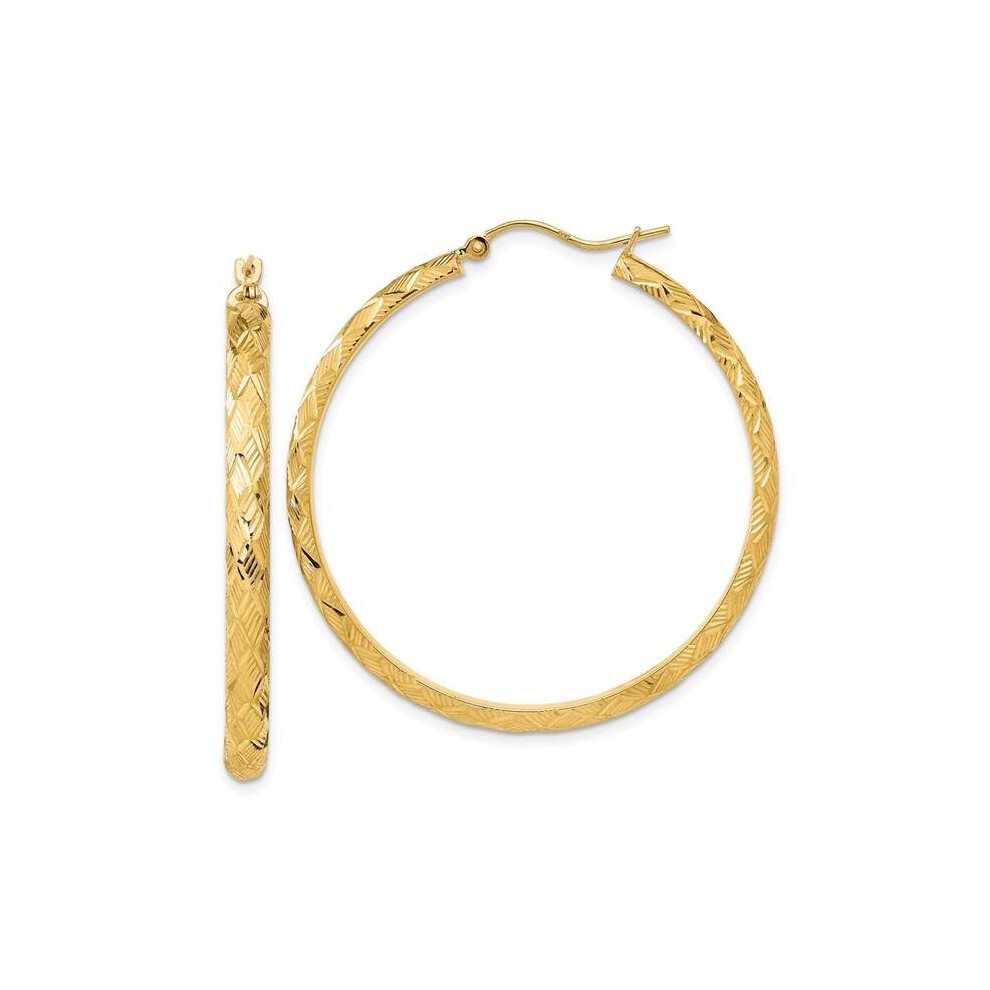 14K Yellow Gold Polished & Textured Fancy Diamond-Cut Hoop Earrings