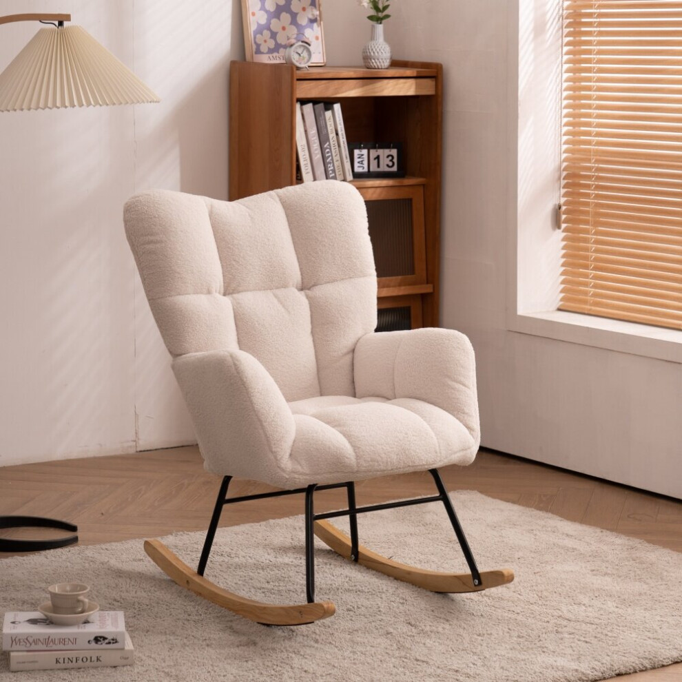 (Ivory White) Teddy Tufted Upholstered Rocking Chair Padded Seat