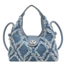 (Blue) Women Denim Handbag Fashion Shoulder Bag Argyle Purse Crossbody Bag