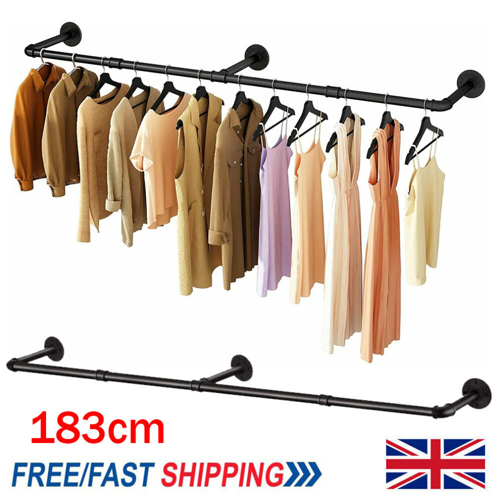 183cm Industrial Pipe Clothing Rack Wall Mounted Rail Hanging Display