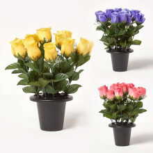 Artificial Pink, Yellow and Purple Rosebuds with Gypsophila in Grave Vase, Set of 3