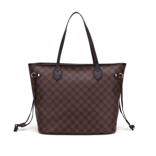 (Brown) Women Checkered Tote Shoulder Bag Purse PU Leather Handbag Bag With Inner Pouch 2
