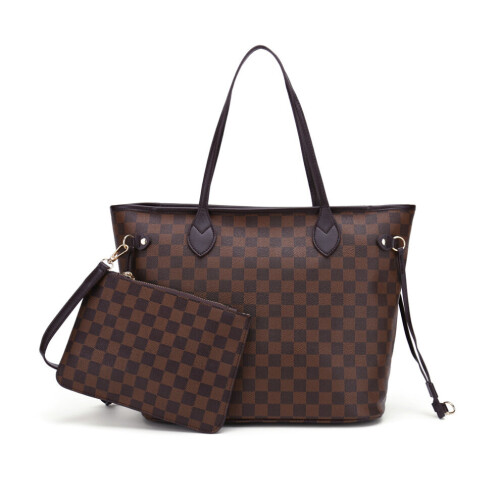 (Brown) Women Checkered Tote Shoulder Bag Purse PU Leather Handbag Bag With Inner Pouch