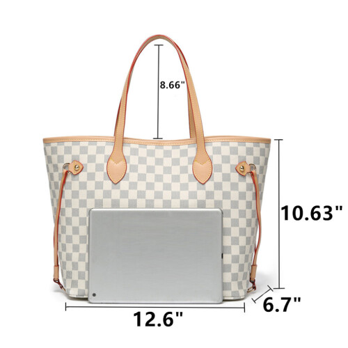 (White) Women Checkered Tote Shoulder Bag Purse PU Leather Handbag Bag With Inner Pouch 1