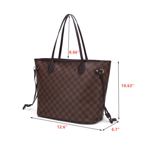 (Brown) Women Checkered Tote Shoulder Bag Purse PU Leather Handbag Bag With Inner Pouch 1