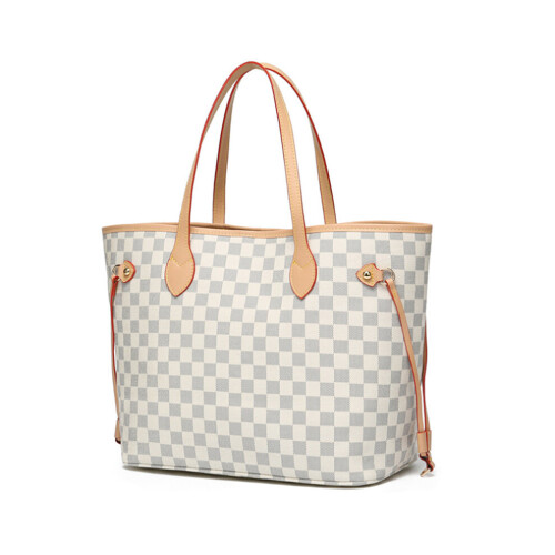 (White) Women Checkered Tote Shoulder Bag Purse PU Leather Handbag Bag With Inner Pouch 2