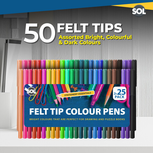 SOL 50 x Felt Tip Pens | Pen Assorted Colours Art Colouring Pens 1