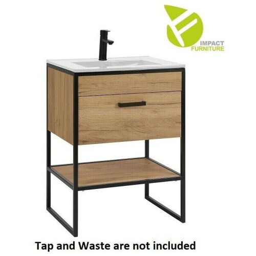 Bathroom 600 Vanity Unit Sink Tall Cabinet Loft Black/Oak Effect Brook 2