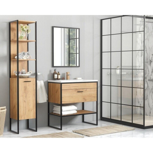 Bathroom 600 Vanity Unit Sink Tall Cabinet Loft Black/Oak Effect Brook