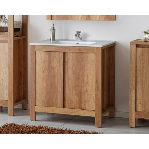 Bathroom Vanity Unit 2 Door 800 Sink Cabinet Oak Effect + Basin Classic